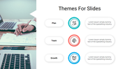Infographic slide with a photo of hands working and right-aligned themed icons for Plan, Team, and Growth with text bubbles.