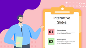 Illustrated presenter on a pink and purple background beside a yellow clipboard layout with two numbered text sections.