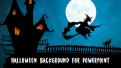 Halloween scene featuring a witch flying with a broomstick, a haunted house, and a black cat against a full moon backdrop.