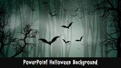 Dark forest Halloween background with eerie lighting, silhouetted bats and branches, and title text in a spooky font.
