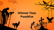 Halloween theme slide with silhouettes of a skeleton, cat, bat, and crow perched on a spooky tree against an orange backdrop.