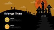 Halloween background with silhouetted castle, orange red full moon, graveyard hills, and two ghostly themed content blocks.