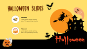 Halloween slide with haunted house, flying witch, pumpkins, ghosts, and two sections with text on a yellow orange background.