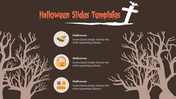 Halloween slide with brown background, ghostly trees, and stacked icon sections for bat, pumpkin, and candy themes.