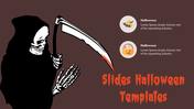 Halloween slide with a grim reaper holding a scythe, two icons with text, and a spooky title, set on a dark brown background