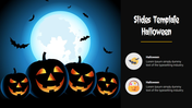 Halloween slide with glowing jack-o’-lanterns under a full moon on the left and two circular icons with text on the right.