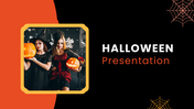 Halloween slides with black orange theme, witch, pumpkins, web shapes, text boxes and visual layout.