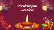 Diwali PowerPoint template with fireworks, a lit diya, and colorful crackers with a message on a brown backdrop.