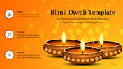 Diwali themed slide with three lit diyas on a glowing orange background, and three captions with icons on the left.
