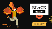 Black Friday sale flyer slide featuring a person running with shopping bags, a 70 percent off discount, and a shop now text.
