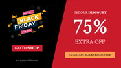 Eye-catching Black Friday sale design with modern badge layout on the left, bold white discount text on red, and a shop website link below.