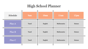 High school planner slide featuring a detailed schedule layout for classes at different times.