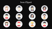 Avatar clipart collection with twelve faceless character icons in circles, showing a mix of gender, hairstyle, and styles.