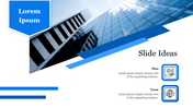 Modern business slide with a photo of a glass building on the left, blue geometric accents, and icons for plan.