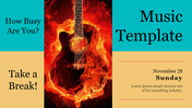 Bold music layout with an intense guitar-on-fire visual flanked by colorful blocks of text promoting relaxation and a date.