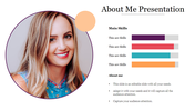 Professional About Me slide featuring a woman's portrait, with sections for main skills and a brief description.