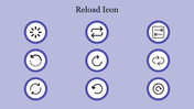 Set of reload and refresh icons in circular shapes with black arrows, showcasing different styles.
