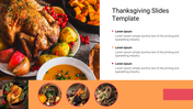 Thanksgiving meal with a golden roasted chicken, potatoes, and soup, with decorative icons of seasonal foods beneath.