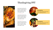 Thanksgiving slide featuring three images of a golden roasted turkey, seasonal vegetables, and text boxes for event details.