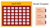 Monthly calendar layout for April 2022 with a red border, with areas on the right for entering priorities, goals, and list.