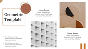 Geometric template with modern shapes like circles and rectangles neutral tones, featuring a layout with text sections.