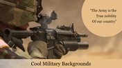 Military soldier in camouflage, holding an assault rifle in a desert environment, with a quote about the army's nobility.