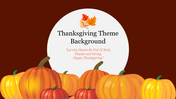 Thanksgiving slide featuring a fall message and decorated with pumpkins and fall leaves against a deep brown background.