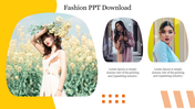 Fashion slide showcasing a floral themed photo, two stylish portraits, accented with yellow and orange shapes.