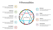 Slide showcasing the 9 Personalities with types arranged around a circular diagram, each with a placeholder text.