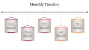 Monthly timeline featuring pentagonal shapes hanging on a line, labeled from January to May with placeholder text.