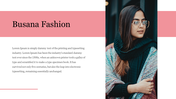 Fashion design slide showing a woman wearing a sweater and scarf with a pink background, and captions on the left.