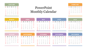 Monthly calendar layout with 12 colorful boxes, each representing a month from January to December.