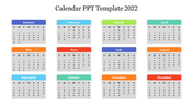 Calendar PPT template for 2022 displaying all twelve months in blocks, each month featuring days organized in a grid format.