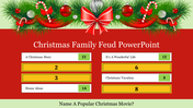 Festive design with garlands and ornaments, followed by a Christmas family feud game board showing movie titles and scores.