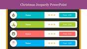 Christmas Jeopardy game slide with four colorful categories, featuring icons such as ornaments and Santa, with points listed.