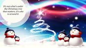 Christmas Eve PowerPoint background slide with a snowman family and a glowing Christmas tree, featuring a heartwarming quote.