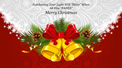Christmas card design with golden bells, red bow, pine branches, and pinecones on a red and silver background.
