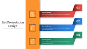 Three numbered horizontal colored banners with icons on the left side, aligned next to a vertical orange strip.