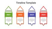 Timeline design featuring four upward arrows with year labels in green, orange, blue, and red with text boxes beneath.