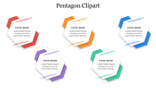 Colorful pentagon clipart PPT slide design with five different colored pentagons, each containing placeholder text.