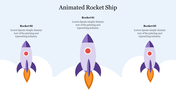 Colorful animated rocket ships soaring above fluffy clouds in a light blue sky.