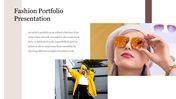 Fashion portfolio slide featuring images of a stylish woman in sunglasses and another in a yellow jacket posing outdoors.