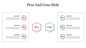Pros and cons slide with two lists of captions on either side and hexagonal icons for numbering.
