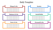 Colorful daily planner template with rectangular sections for tasks in red, purple, orange, blue, green, and pink.