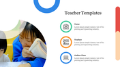 Teacher template slide with circular photo of a woman helping a child read, and icons for tutor, teacher, and online class.