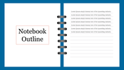 Slide featuring an open notebook outline with a blue border and a white page with text lines for note taking.