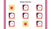 Interactive game slide with nine colorful square tiles, two of which display matching red apple graphics.