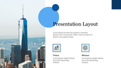 Split layout slide showing a modern building on the left and placeholder text for a title and company values on the right.