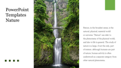 A waterfall flowing through lush greenery with a small bridge in the background, framed by a white text area.