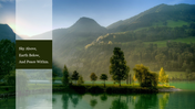 Mobile Application Security slide with scenic mountains, lake, green hills, calm water, and dark text holder.